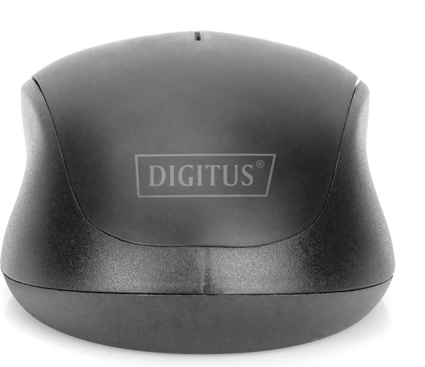 Schwarze Computermaus mit dem 'DIGITUS'-Logo auf weißem Hintergrund.