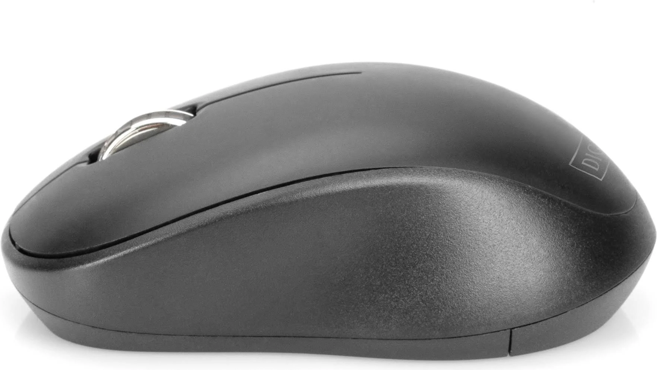 Schwarze kabellose Maus mit Scrollrad, auf weißem Hintergrund, Seitenansicht.