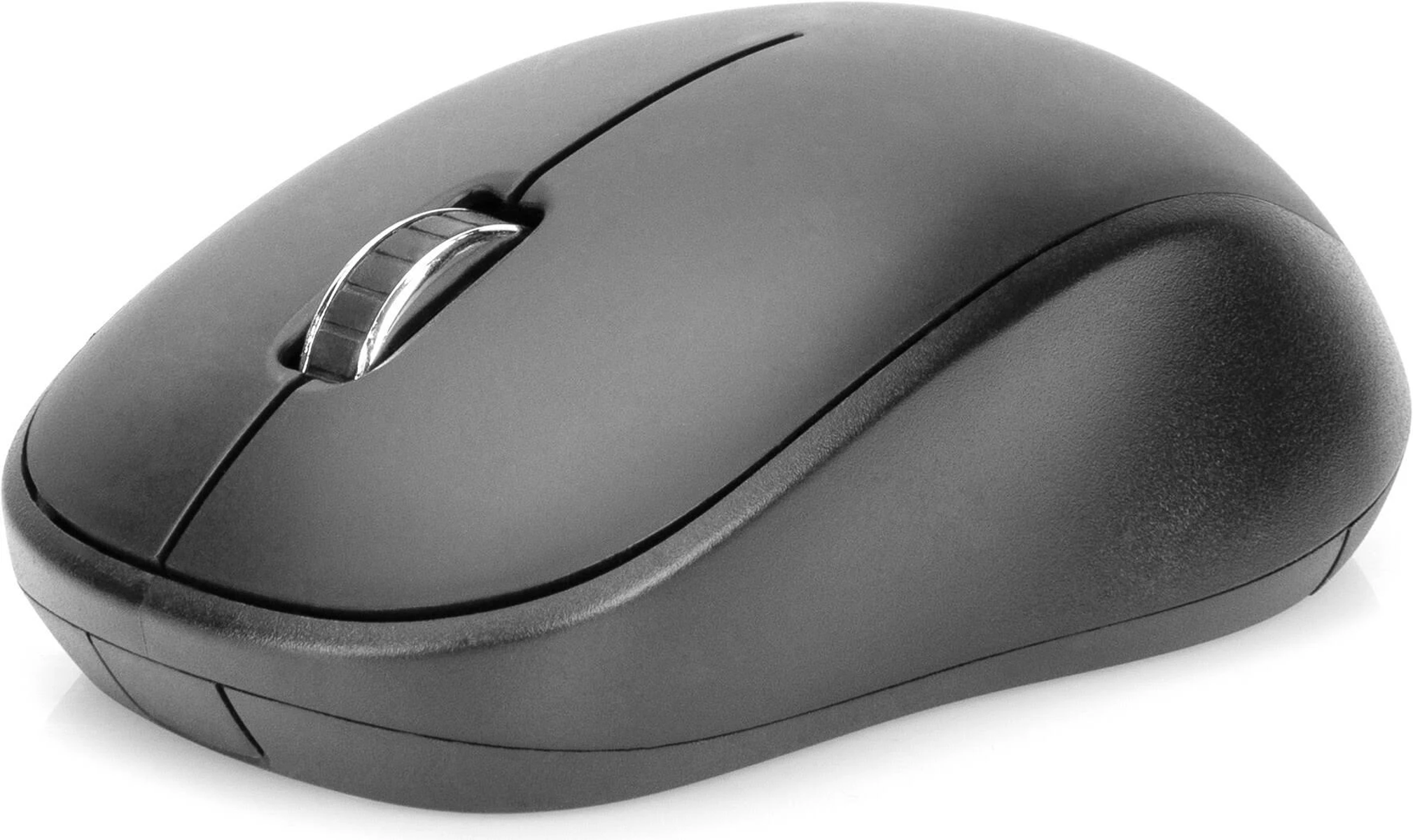 Eine schwarze, kabellose Maus mit einem Scrollrad wird gezeigt.