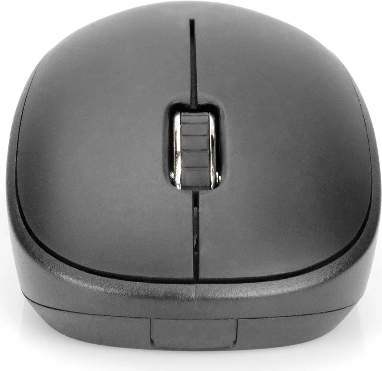 Eine schwarze Computermaus. Sie hat zwei Haupttasten und ein Scrollrad in der Mitte.