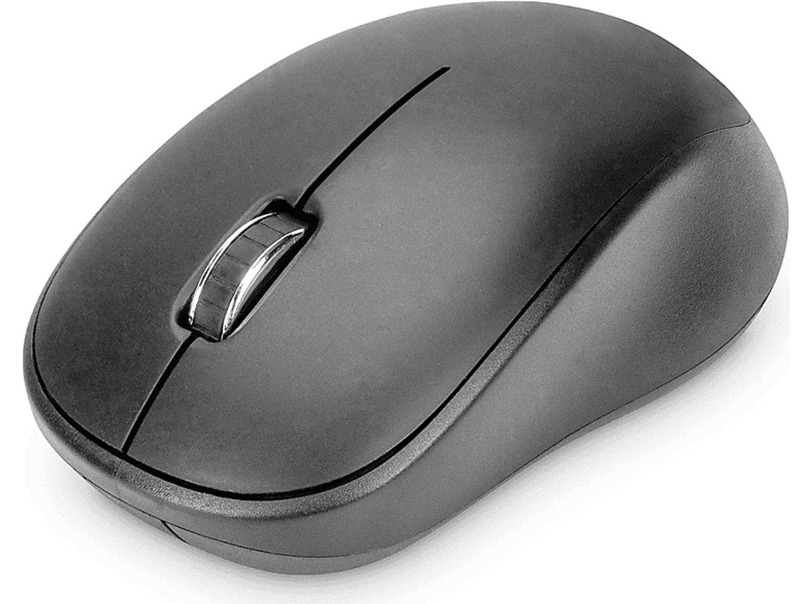 Schwarze Computermaus mit Scrollrad und glatter, matter Oberfläche.