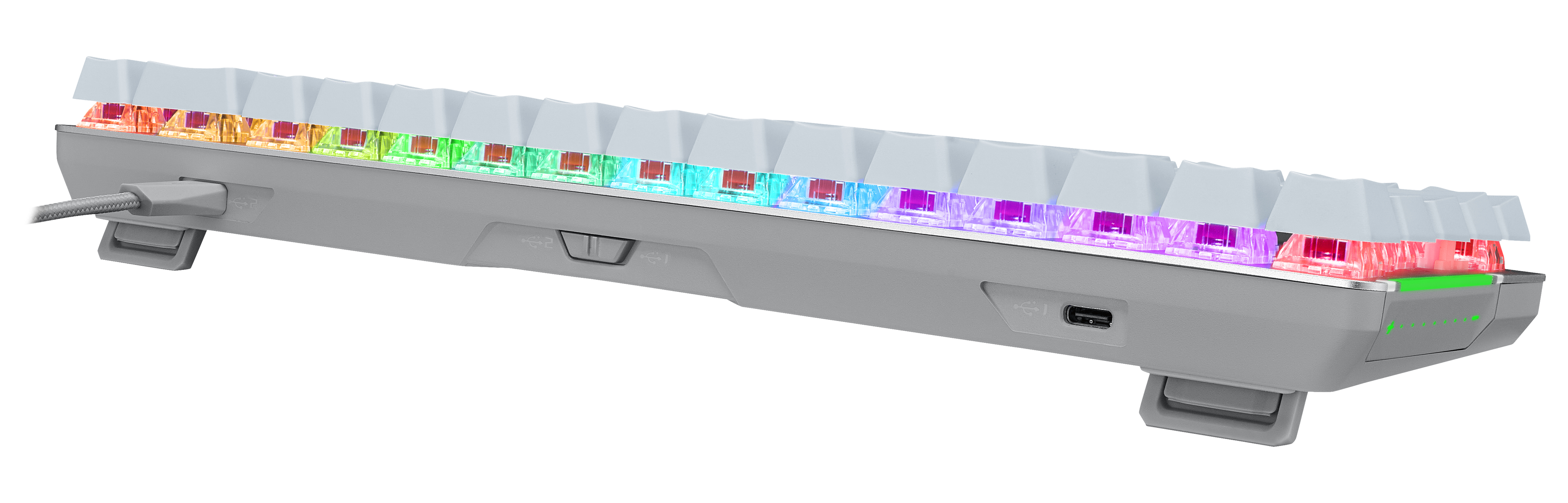 White gaming keyboard with colored lights. Side view, white keys, grey base, and a USB cable.