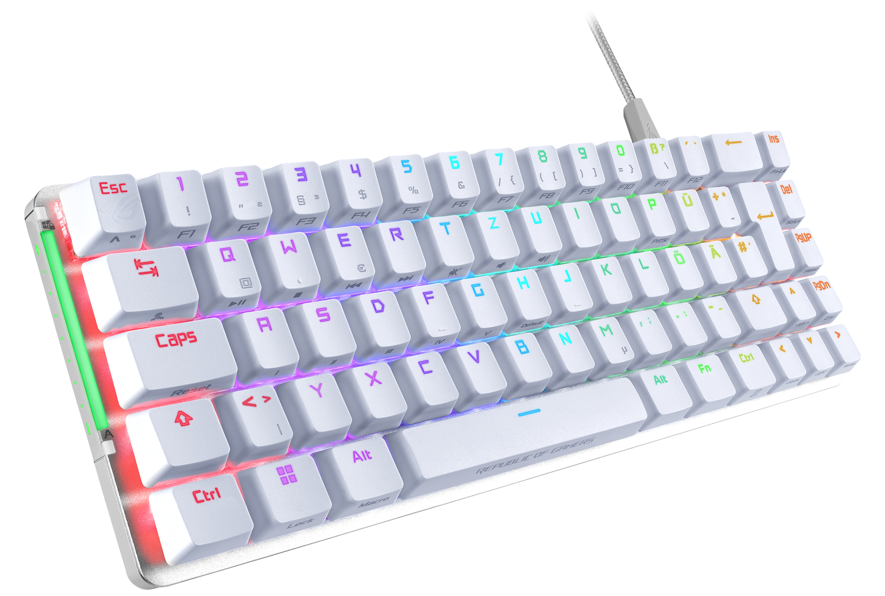 White compact mechanical keyboard with colorful backlit keys. The layout is QWERTY.