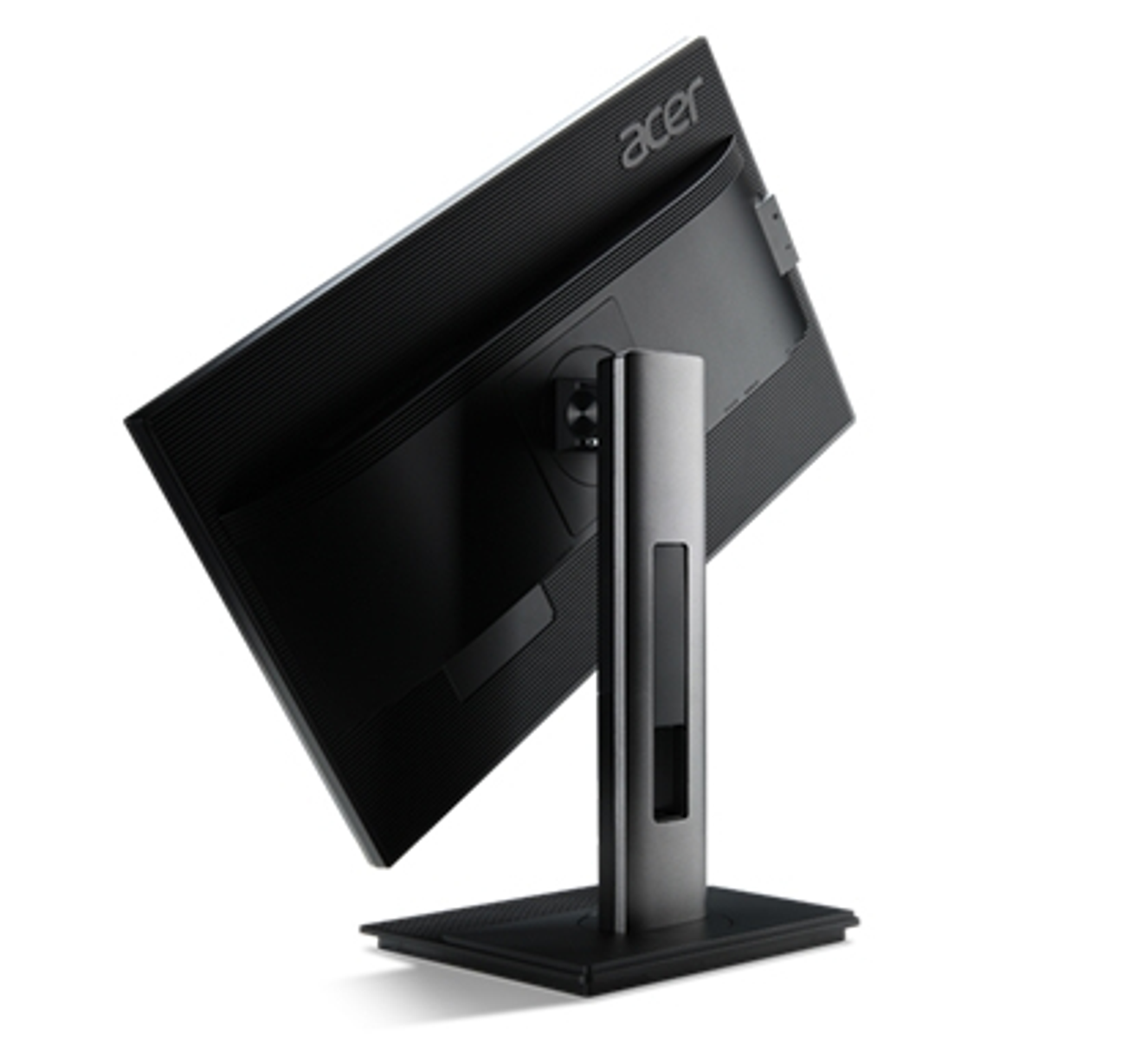 La parte posteriore di un monitor Acer nero, angolato per mostrare il supporto e la base.