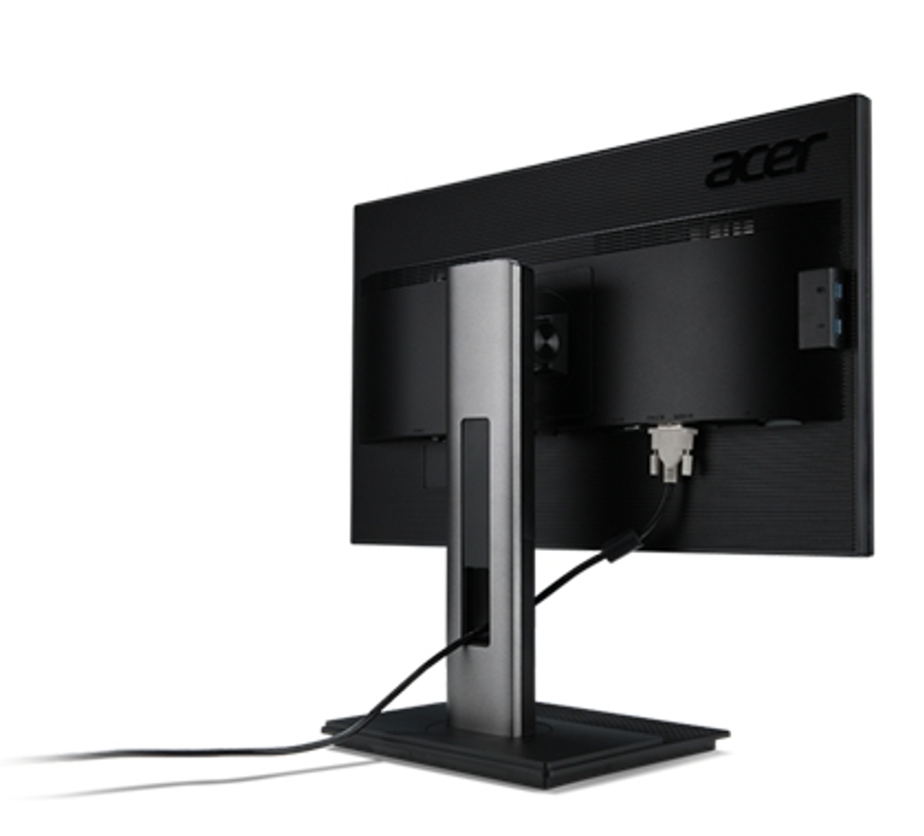 Vista posteriore di un monitor Acer nero. Ha un supporto argentato e varie porte e cavi.