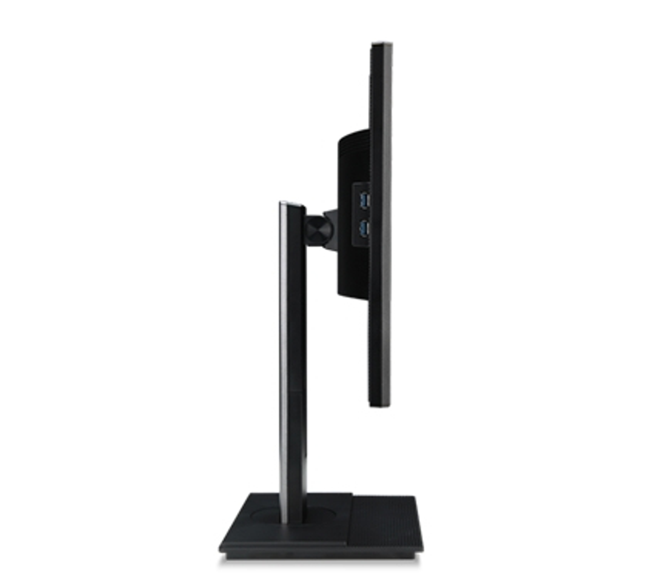 Un monitor nero, visto di lato, con un supporto e porte visibili.