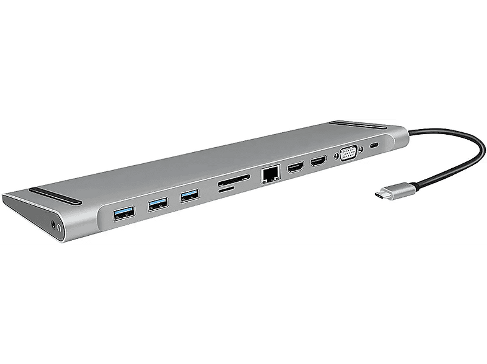 Silberner Multi-Port-Adapter mit verschiedenen Anschlüssen und einem USB-C-Kabel, auf weißem Hintergrund.