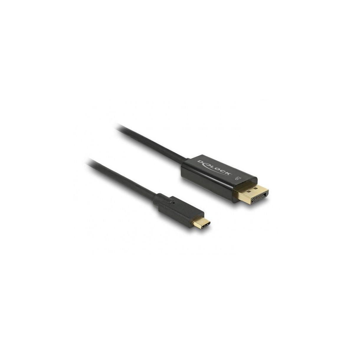Ein schwarzes USB-C-auf-DisplayPort-Kabel auf weißem Hintergrund.