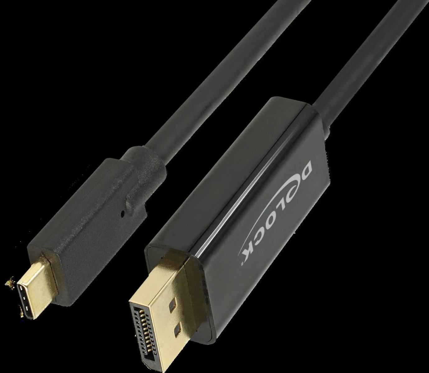 Schwarzes Kabel mit Mini-USB- und DisplayPort-Anschluss. Schwarzer Hintergrund, Nahaufnahme.