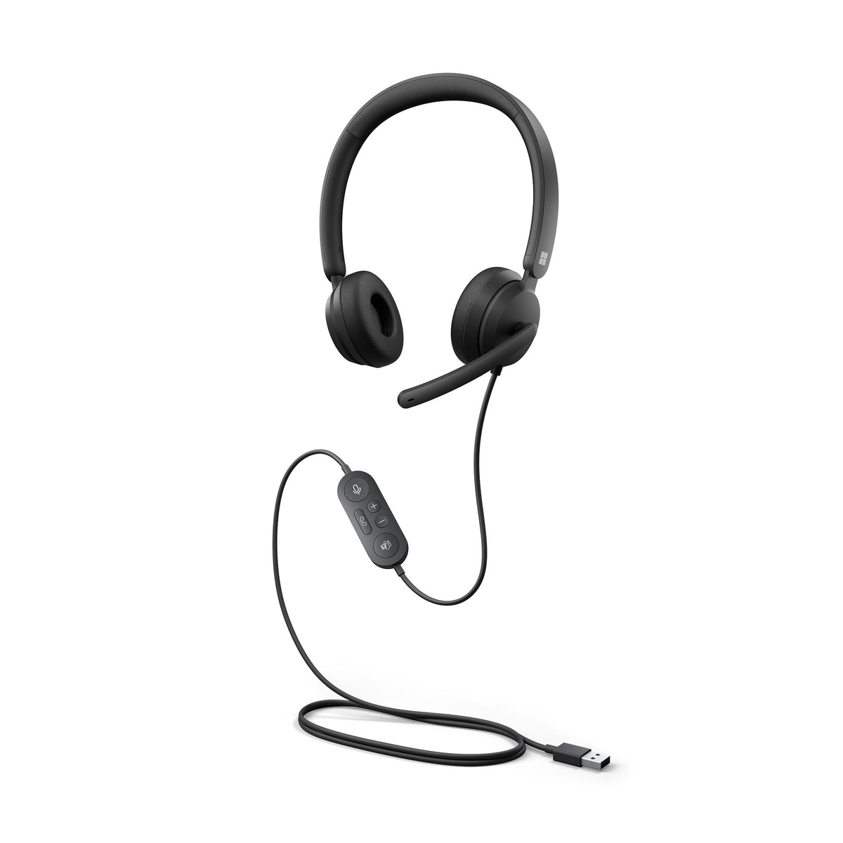Cuffie nere con microfono, collegate tramite cavo, su sfondo bianco.