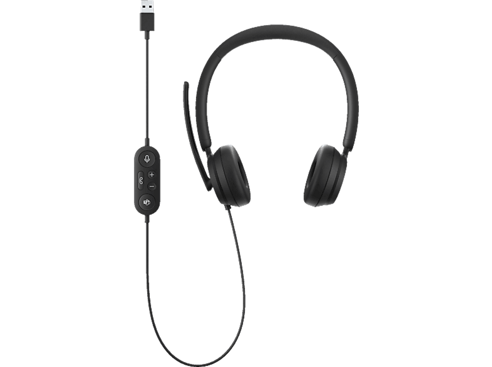 Cuffie nere con controlli in linea. Con microfono e connettore USB.