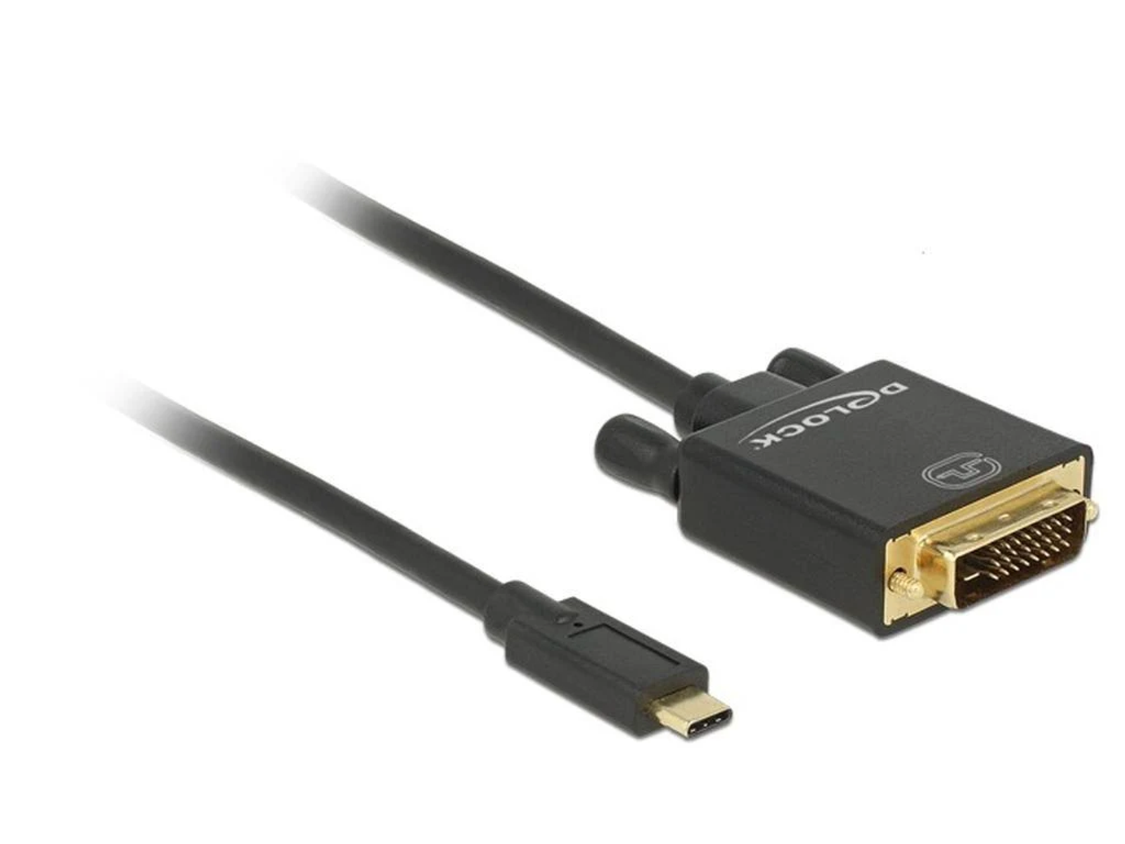 USB-C-auf-DVI-Kabel. Schwarzes Kabel und Stecker. Weißer Hintergrund.