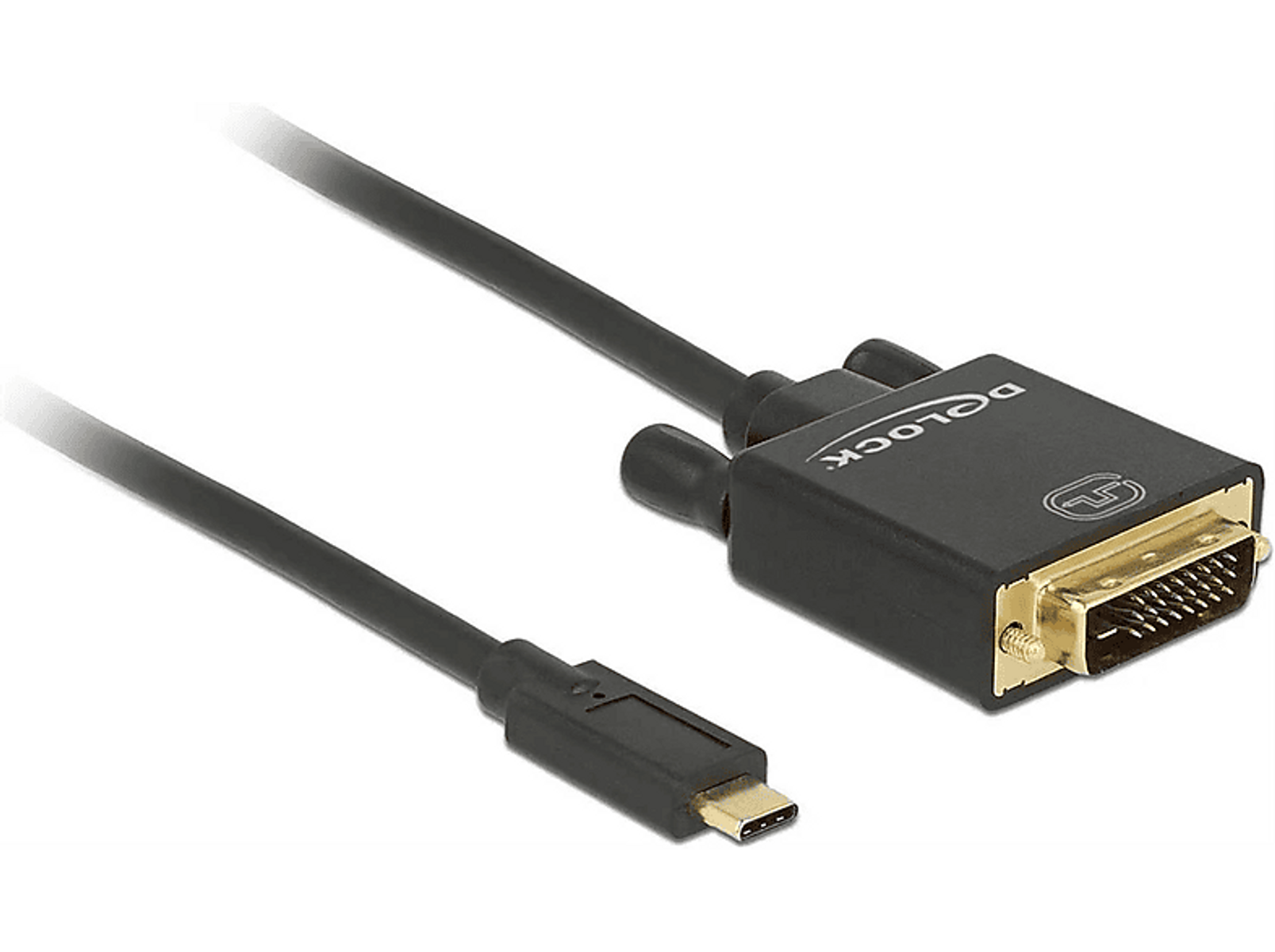 USB-C-zu-DVI-Adapterkabel. Schwarzes Kabel mit DVI- und USB-C-Anschluss.
