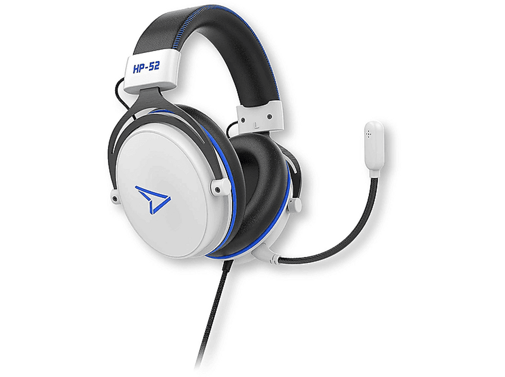 Biało-niebieskie słuchawki dla graczy z mikrofonem.