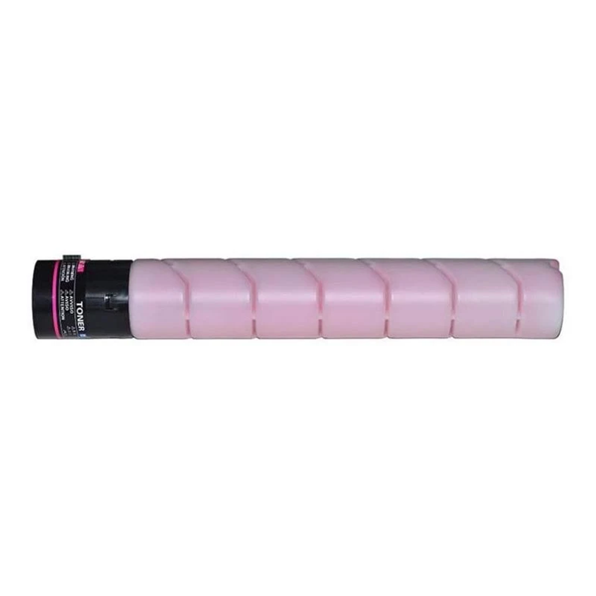 Eine rosa Tonerkartusche, zylindrische Form, mit schwarzer Endkappe. Liegt horizontal.
