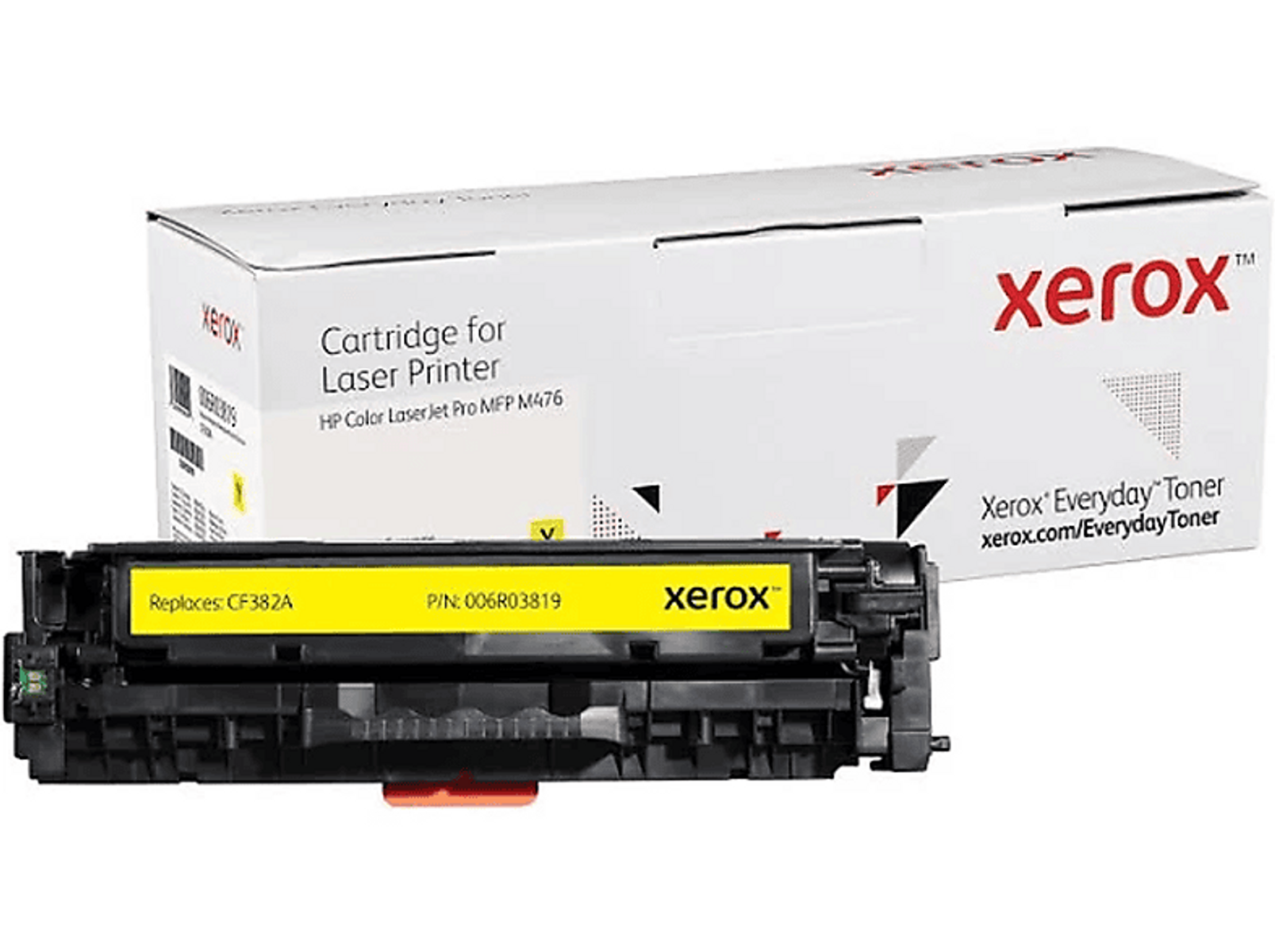 Pudełko i wkład Xerox. Żółty wkład z czarną etykietą. Białe tło.