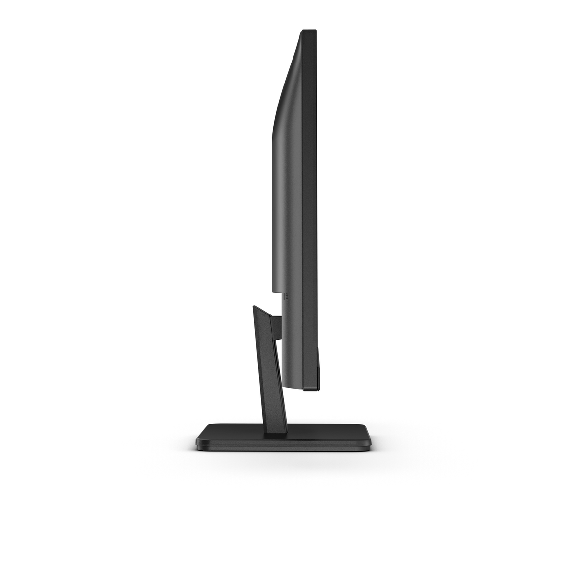 Czarny monitor komputera w profilu. Stoi na czarnej podstawie z czarnym stojakiem.