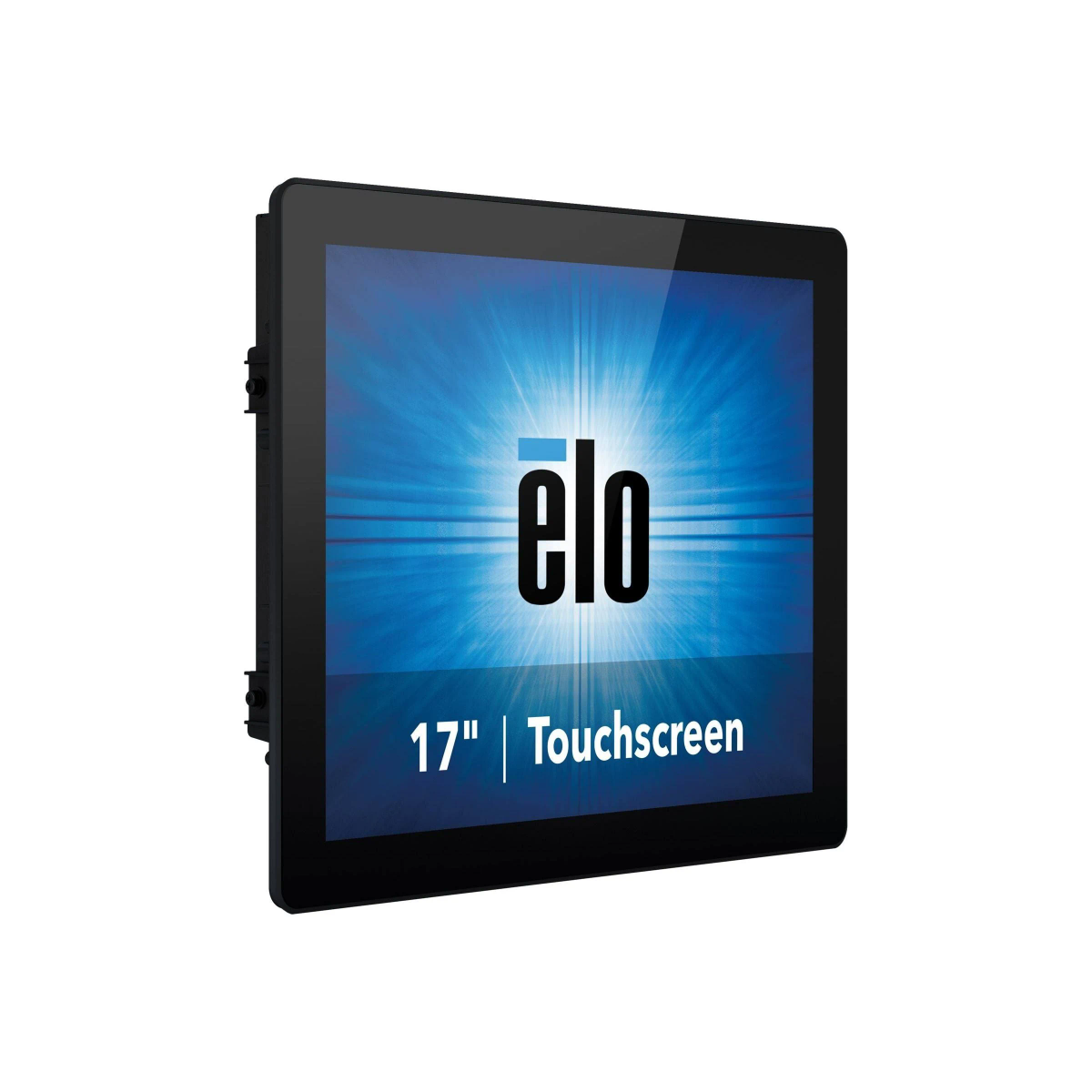 Ein schwarzer Touchscreen-Monitor mit schwarzem Rahmen und dem Wort elo auf dem Bildschirm.