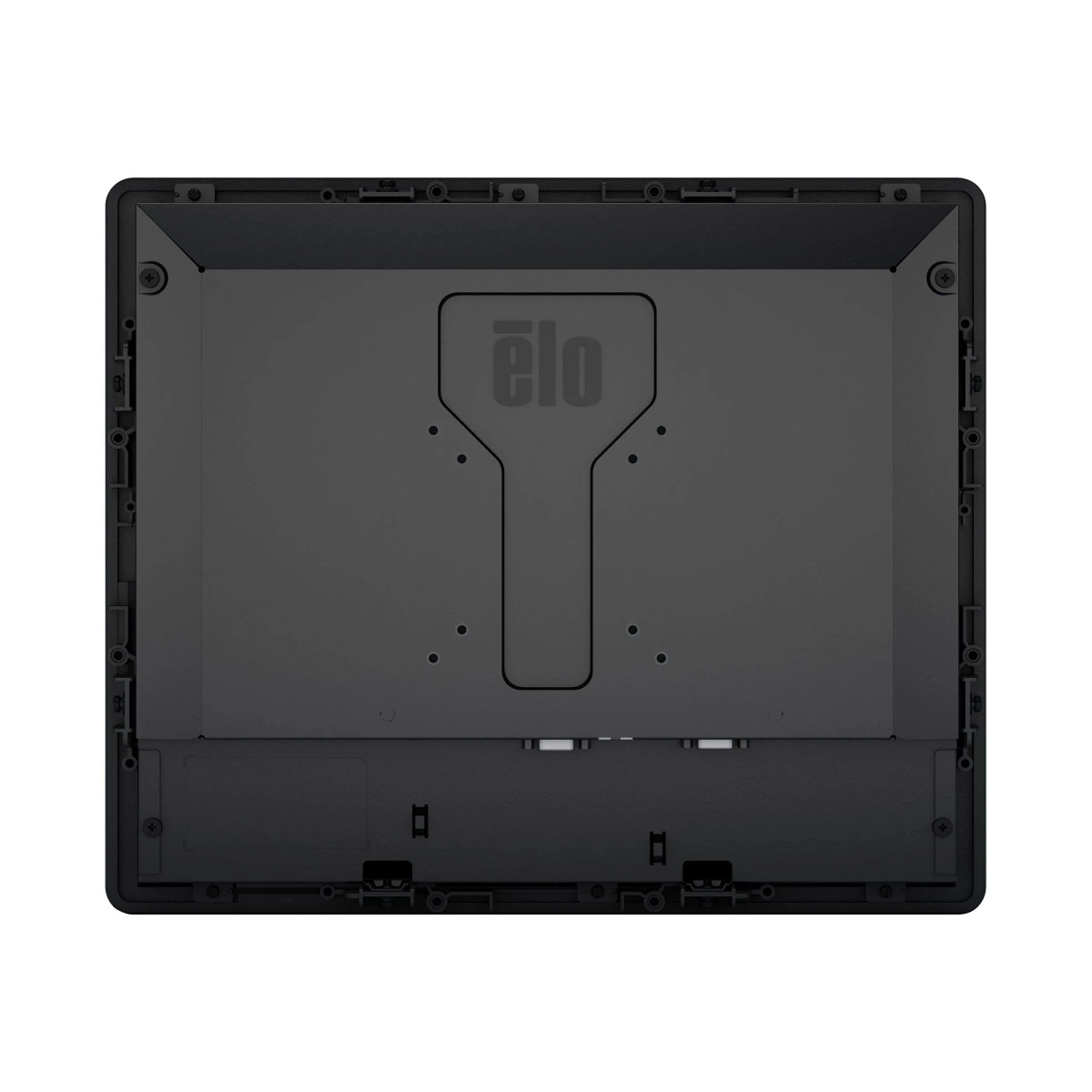 Die Rückseite eines schwarzen Elo-Monitors mit einem Markenlogo.