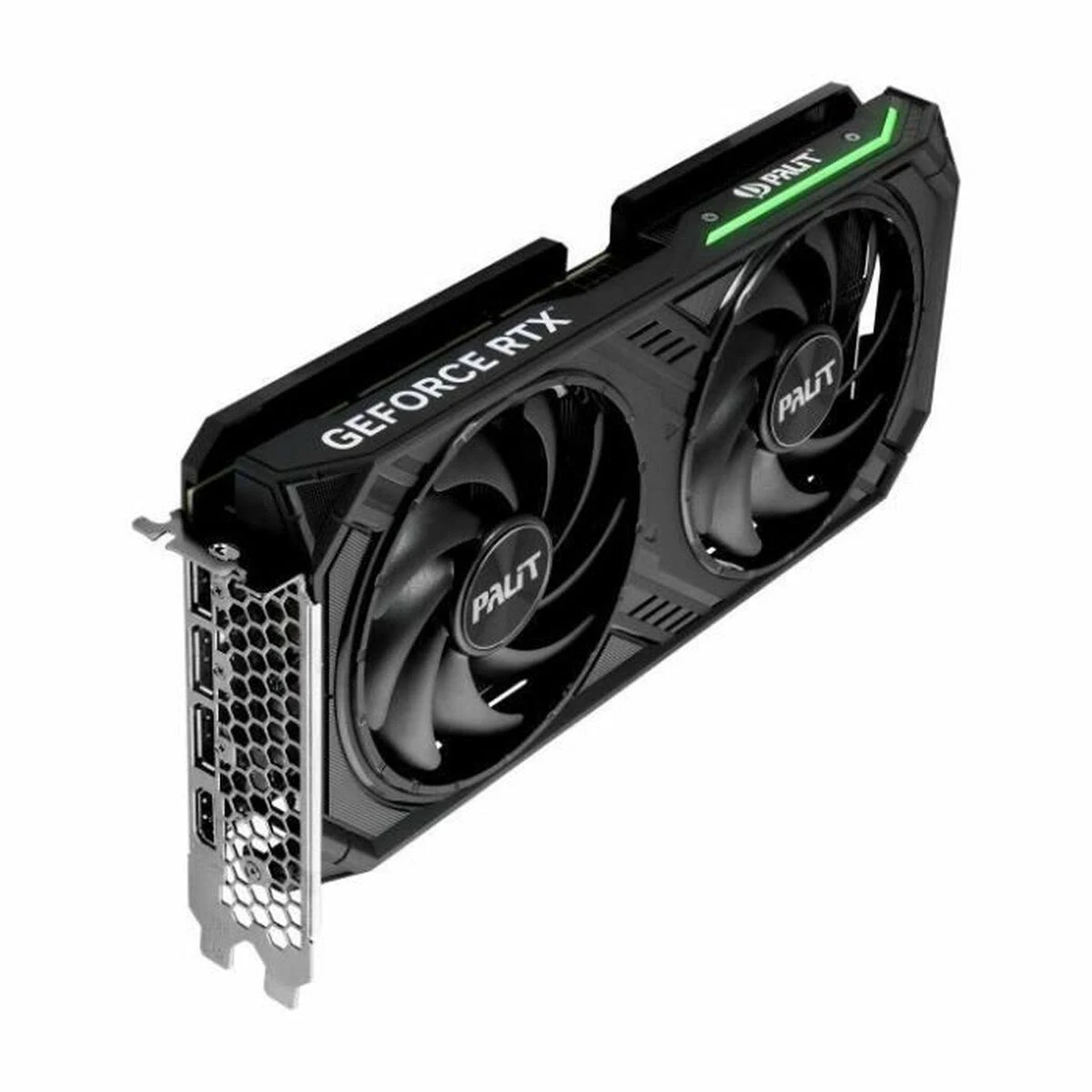 Una scheda grafica nera e grigia con due ventole, etichettata GeForce RTX e Palit.