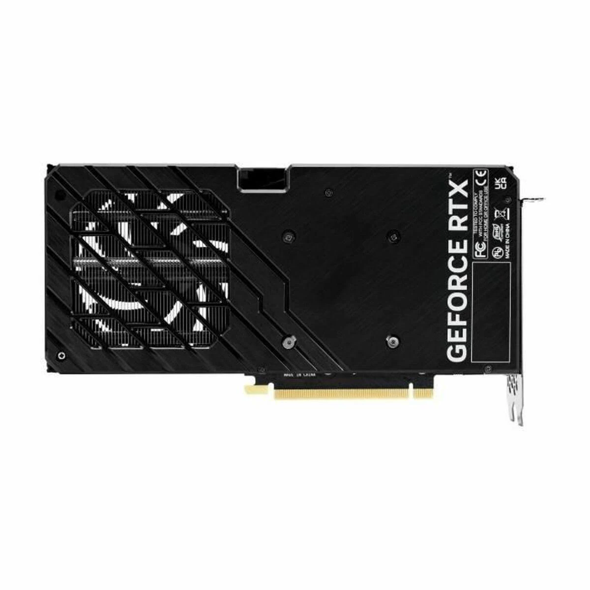 Una scheda grafica nera con una ventola. Il testo dice 'GEFORCE RTX' e ha delle porte laterali.