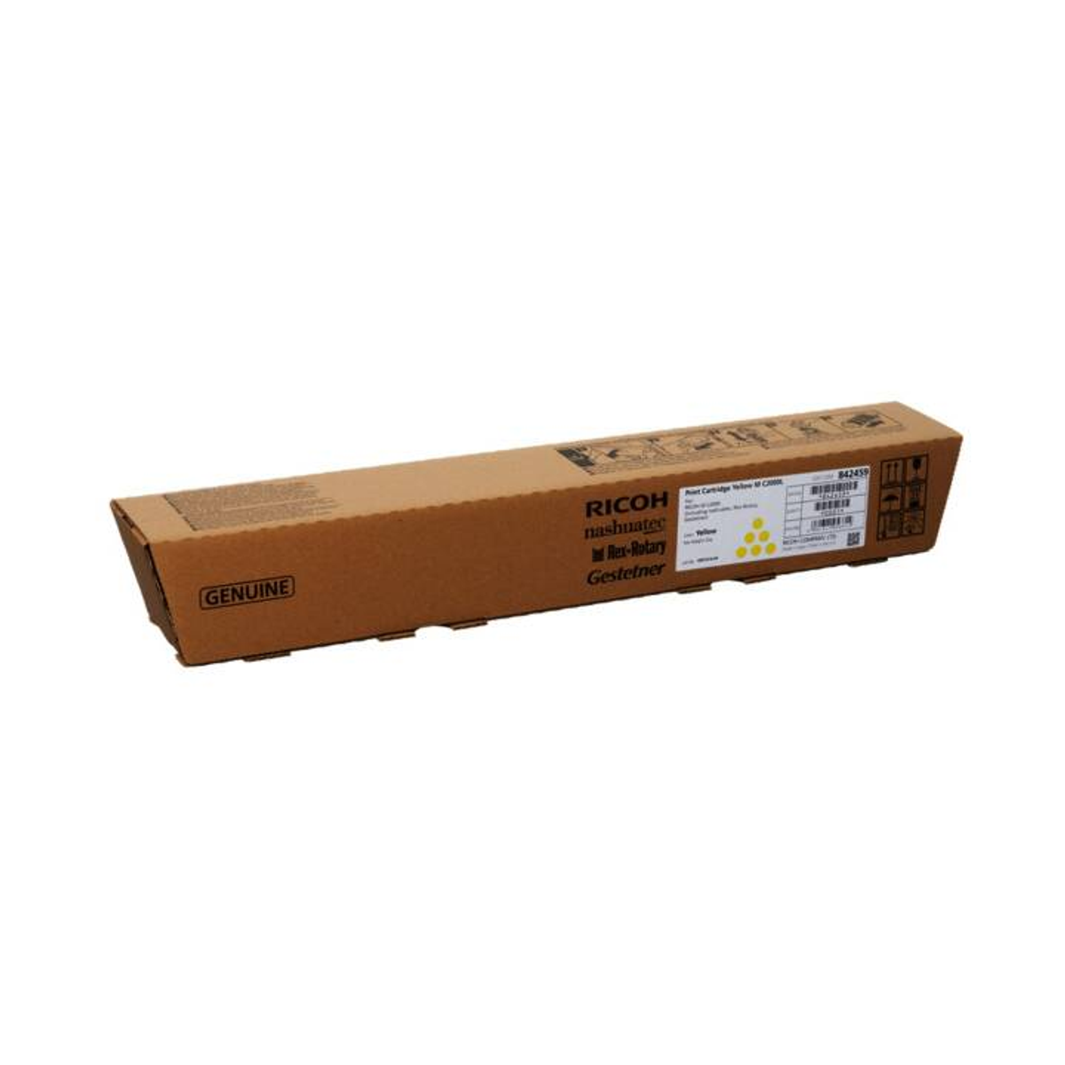 Eine braune rechteckige Box mit der Marke "RICOH nashuatec Gestetner" und anderem Text.