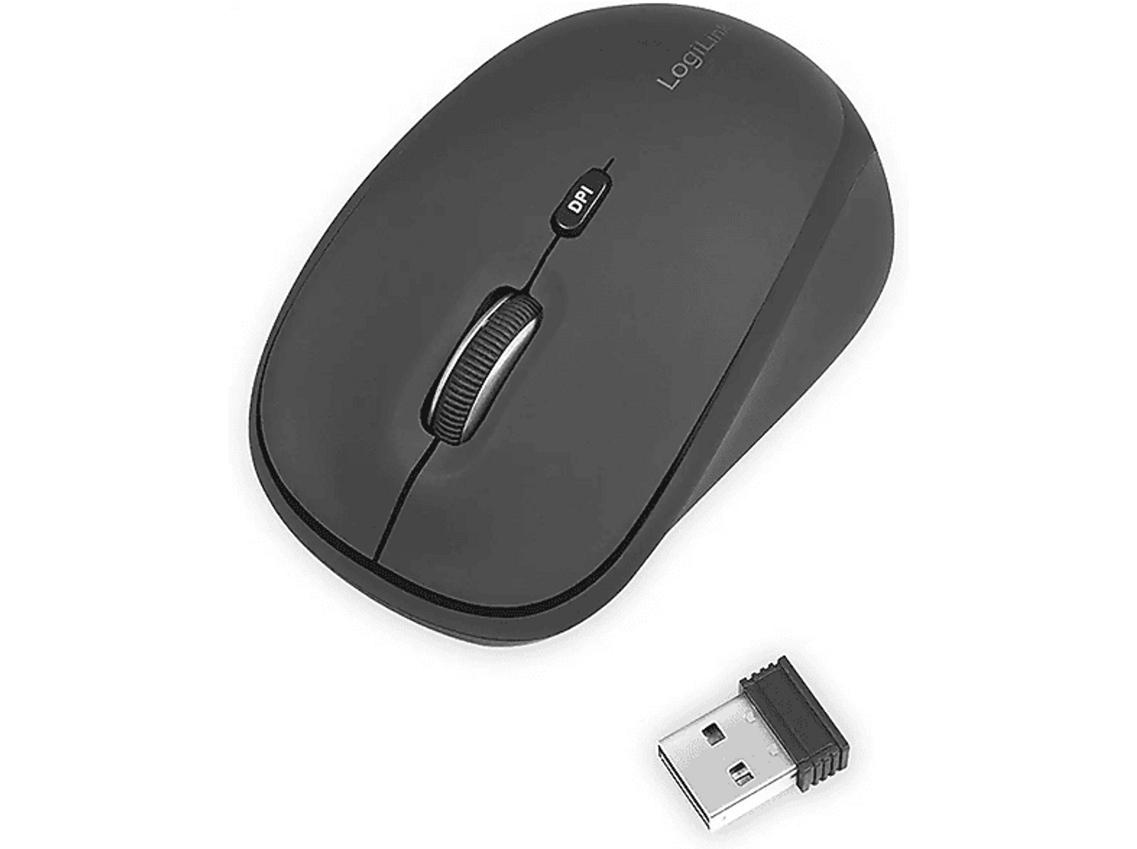 Eine dunkelgraue kabellose Computermaus mit einem Scrollrad und einem USB-Empfänger.