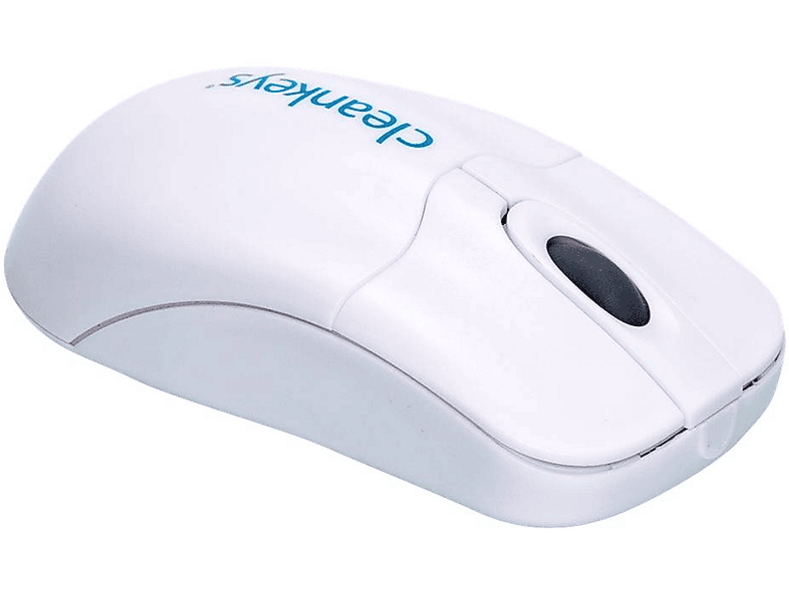 Mouse bianco con la scritta 'cleankeys' in blu sulla parte superiore.