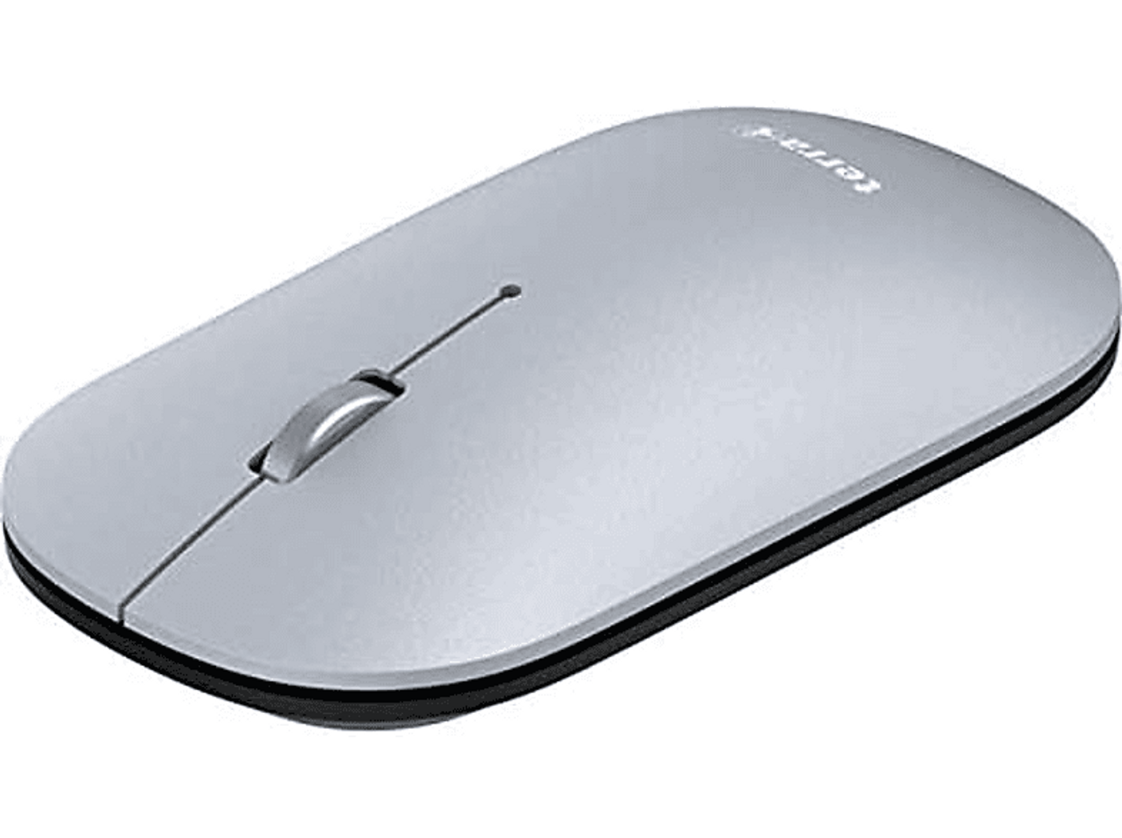 Srebrna mysz Terra z kółkiem przewijania i eleganckim designem na białym tle.