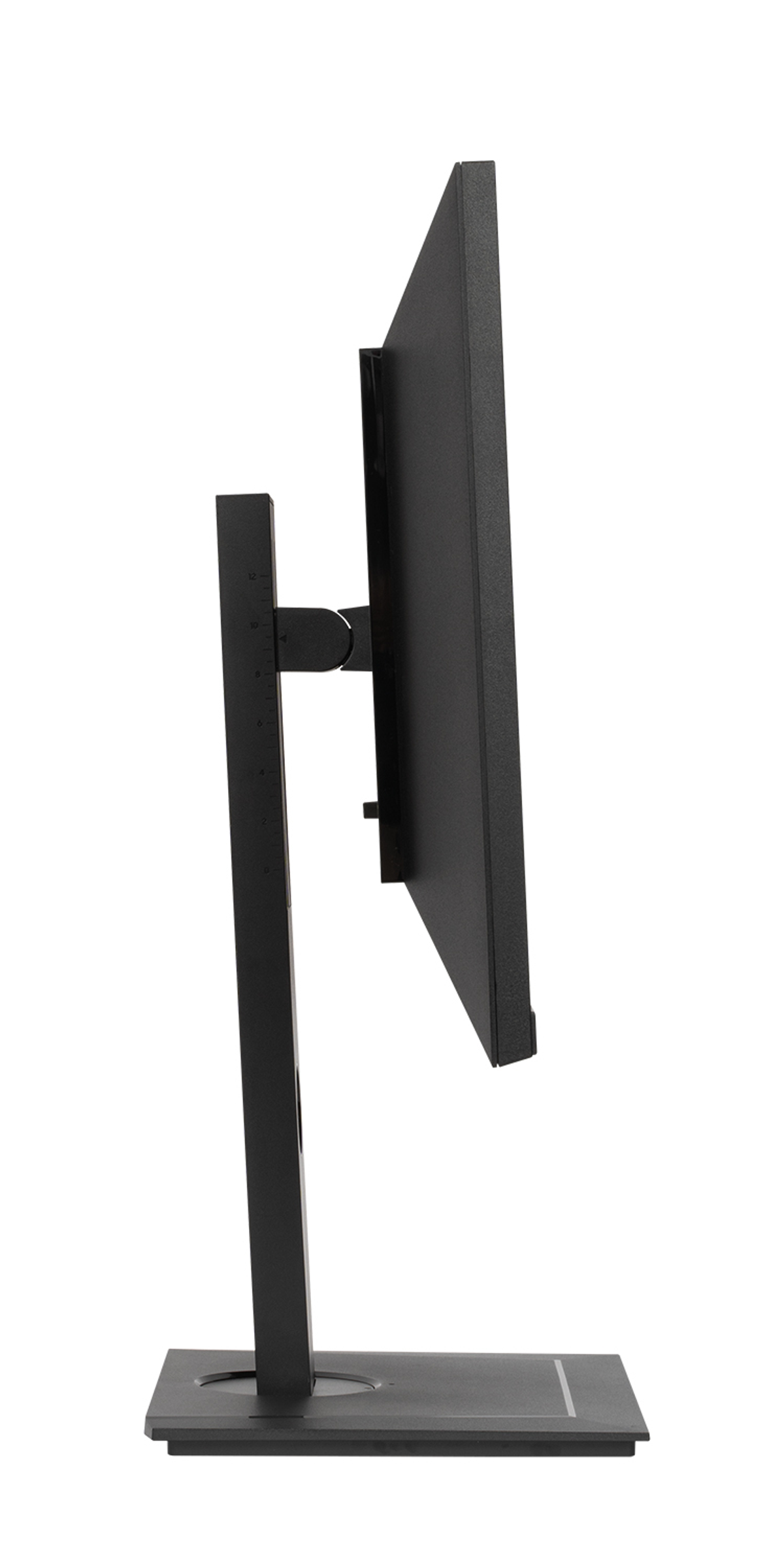 Un monitor per computer nero su un supporto, visto di lato. Lo schermo è nero.