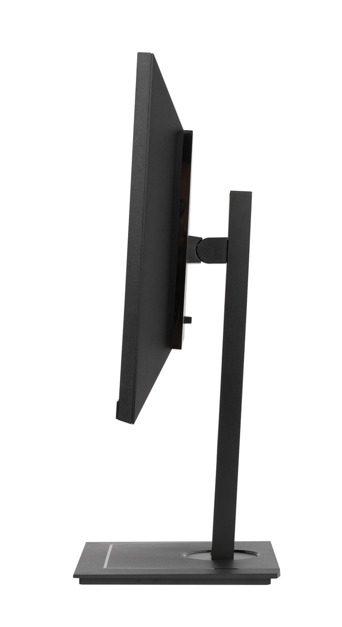 Vista laterale di un monitor per computer nero su un supporto. Lo schermo è inclinato verso destra.