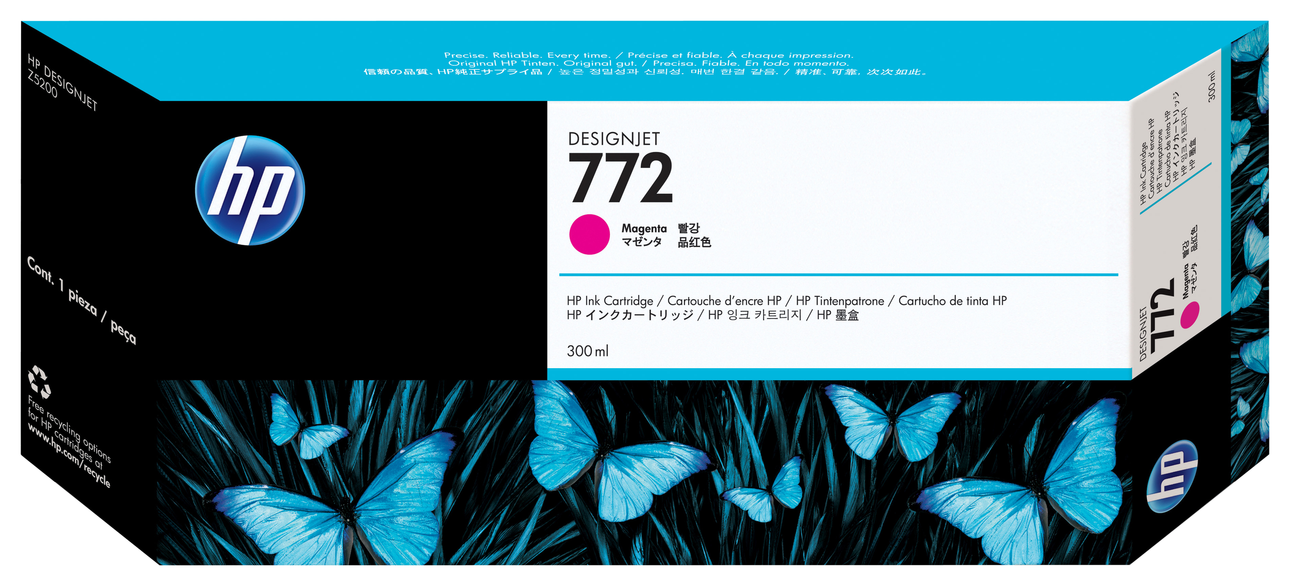 Una caja de cartucho de tinta HP DesignJet 772. La caja es negra con mariposas azules y un cartucho de tinta magenta.