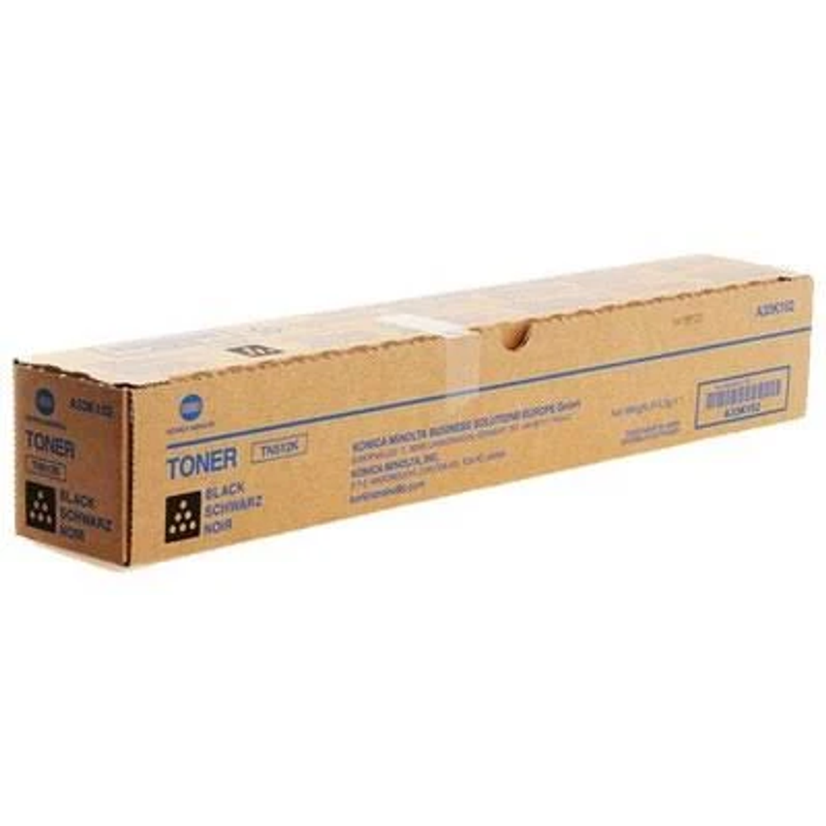 Scatola di cartucce toner marrone. Testo nero sulla scatola. Marchio Konica Minolta.