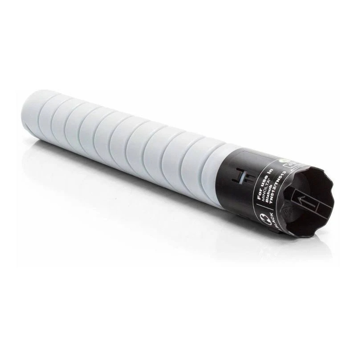 Una cartuccia toner grigio chiaro con un tappo terminale nero, su sfondo bianco.