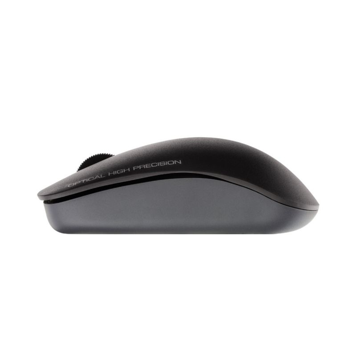 Un mouse nero e grigio con rotella, alta precisione ottica.