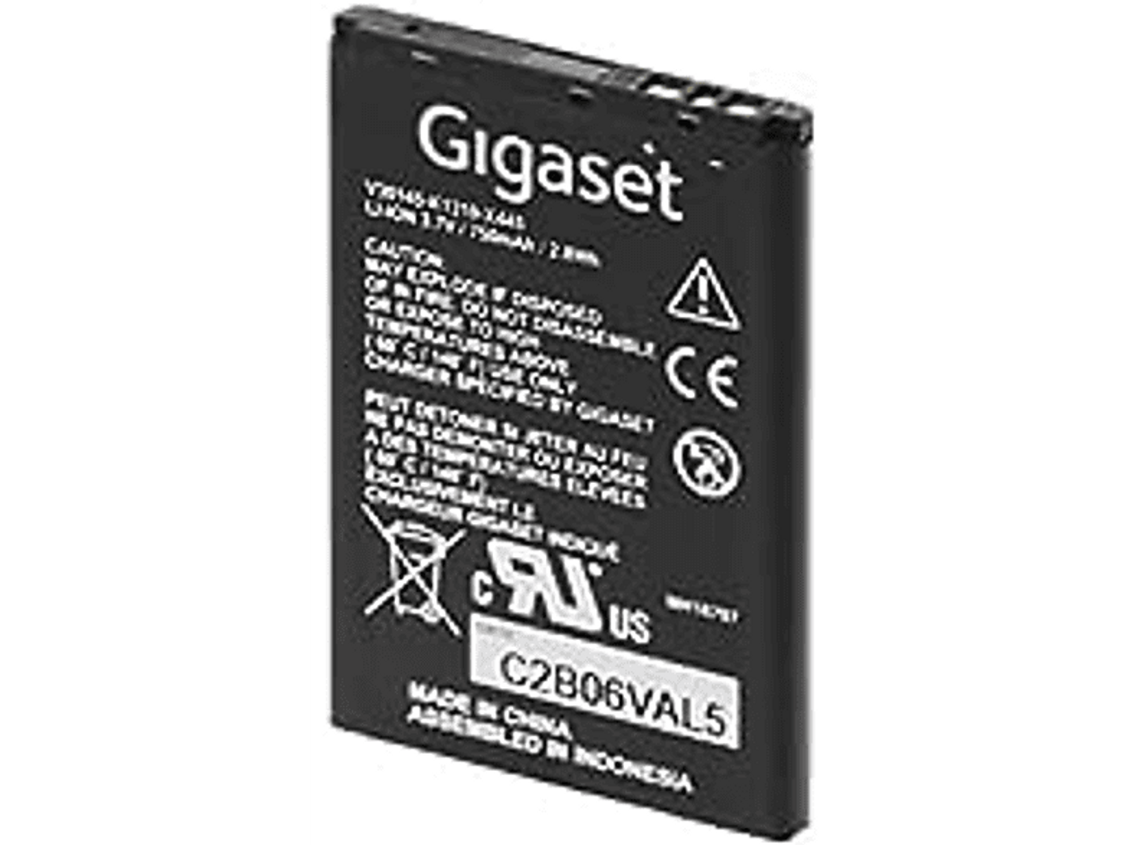 Batteria Gigaset rettangolare nera con simboli e testo di avvertimento. Sfondo bianco.