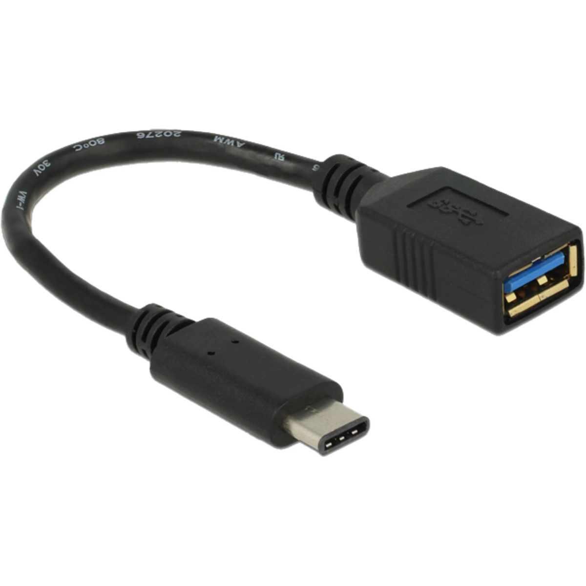 Zwarte USB-C naar USB-A adapterkabel. De adapter heeft een zwarte connector.
