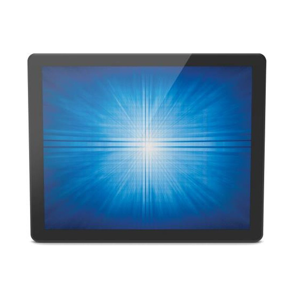 Tablet nero che mostra un motivo luminoso blu a forma di croce su sfondo bianco.
