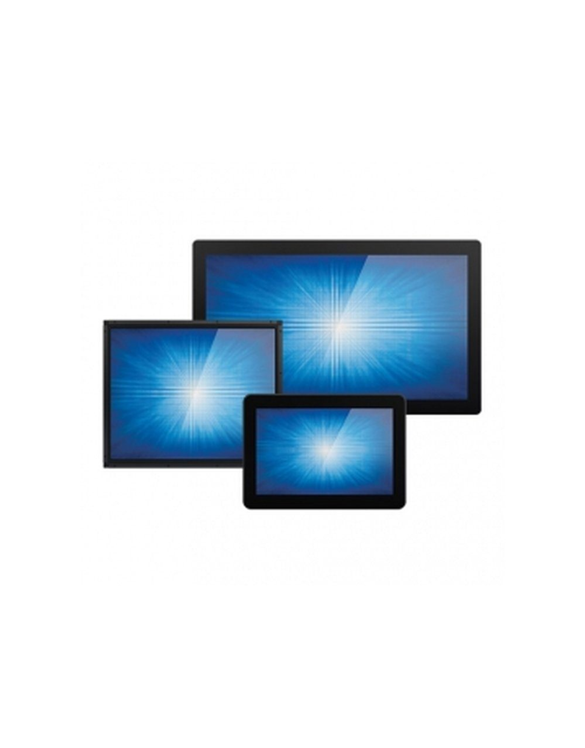 Tre monitor per computer con schermo blu di diverse dimensioni.