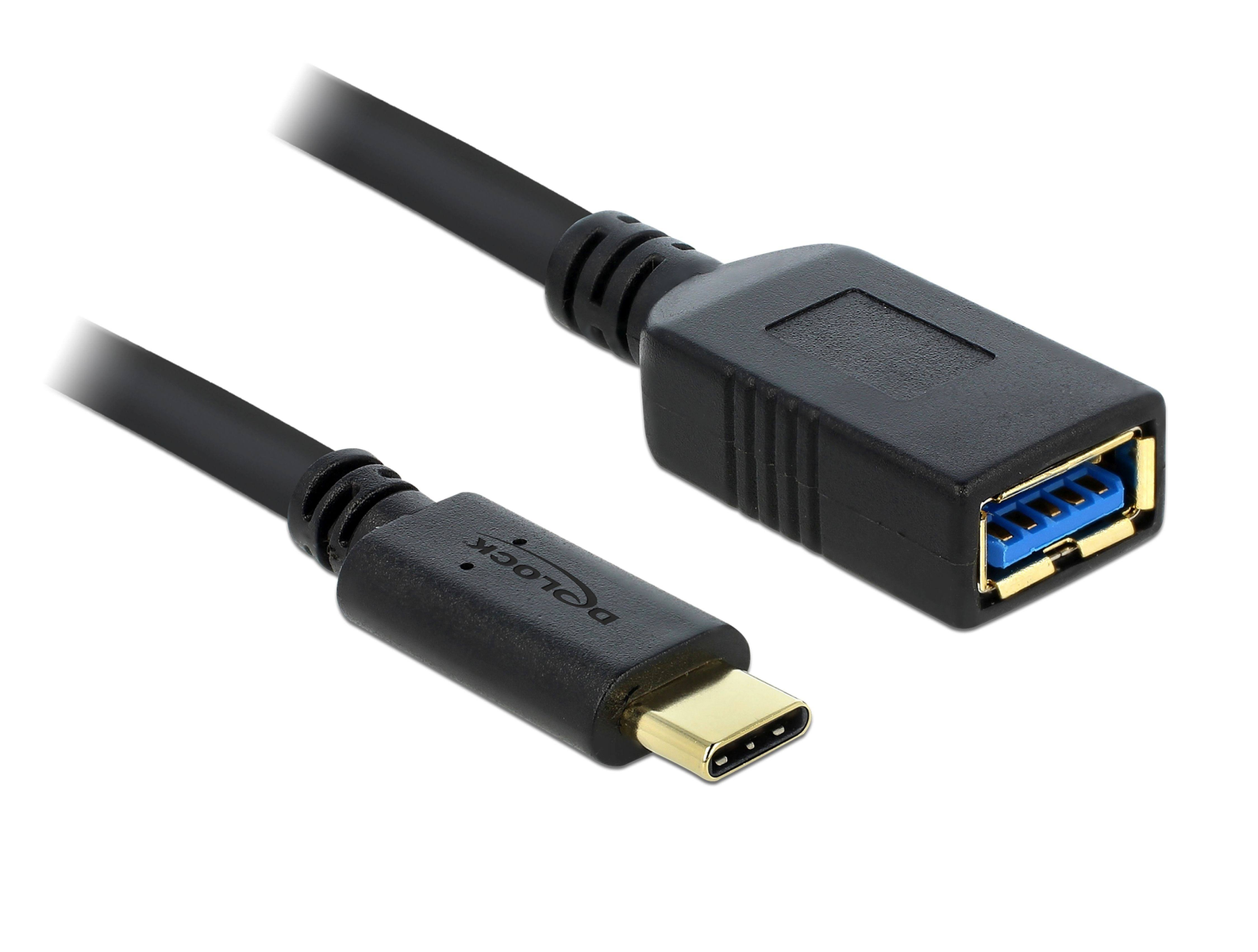 Een zwarte USB-C naar USB-A-kabel. Eén uiteinde heeft een USB-C-connector, de andere heeft een USB-A-connector.