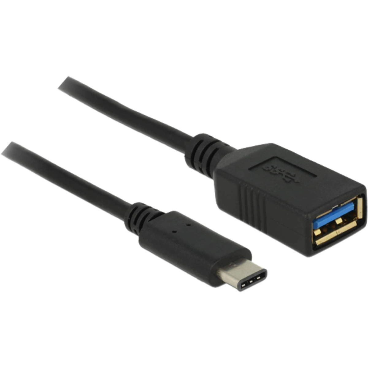Zwarte USB-C naar USB-A adapterkabel. USB-C-uiteinde en USB-A-bus.