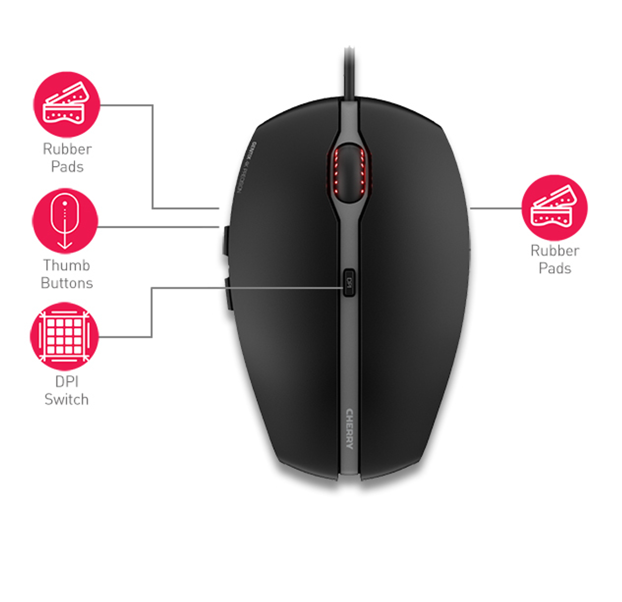 Ratón gaming negro con botones y detalles rojos. Almohadillas de goma en ambos lados.
