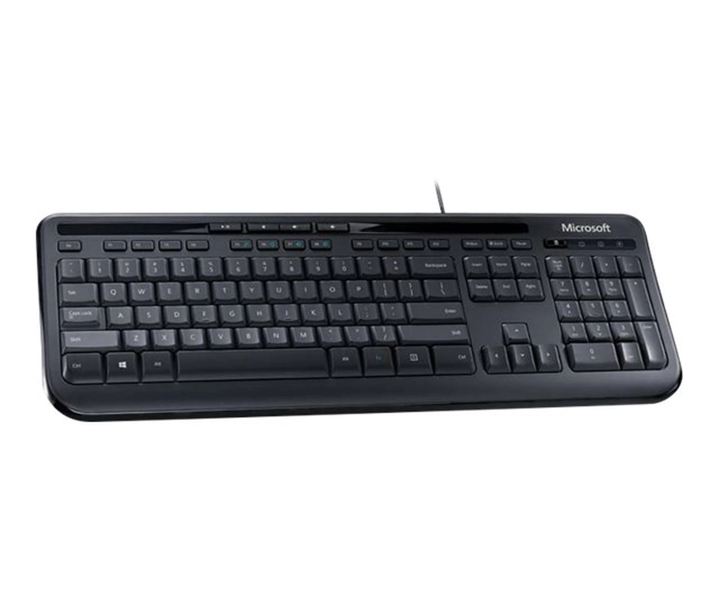 Una tastiera Microsoft nera con tasti bianchi su sfondo bianco.