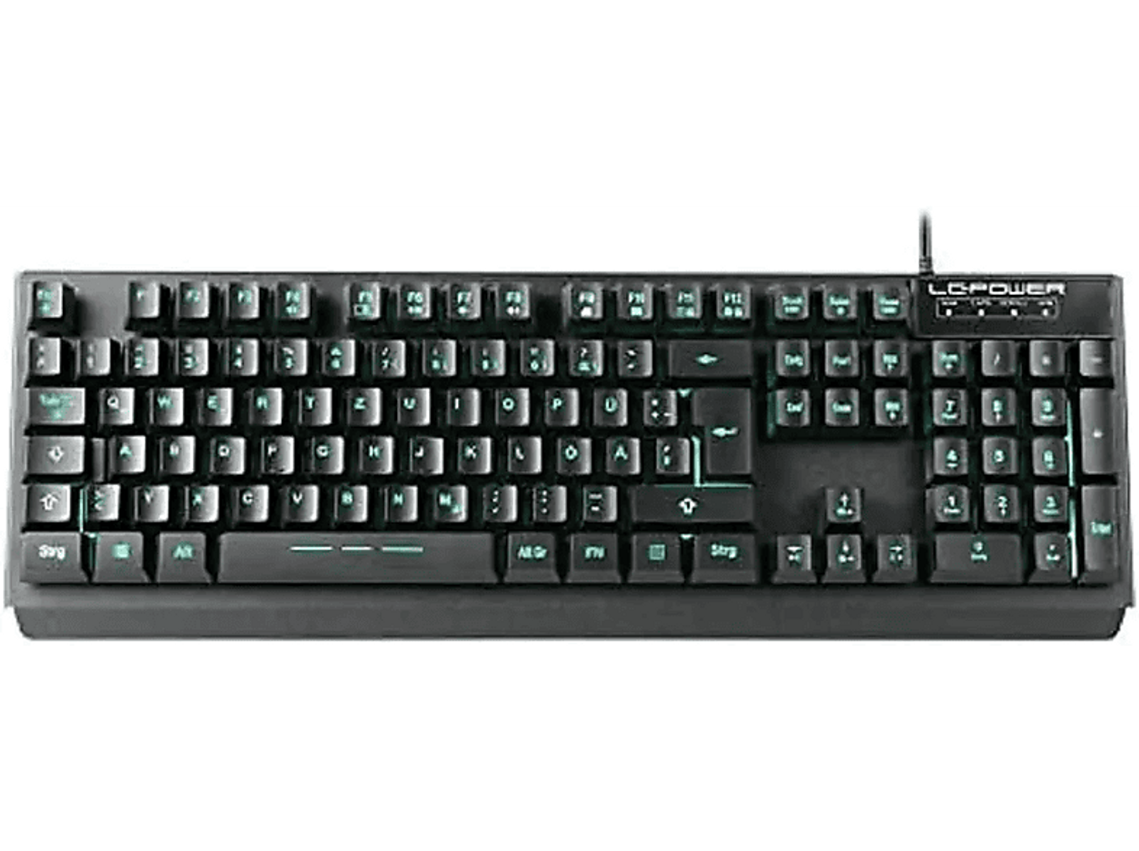 Schwarze mechanische Tastatur mit beleuchteten Tasten, Standardlayout und Branding.