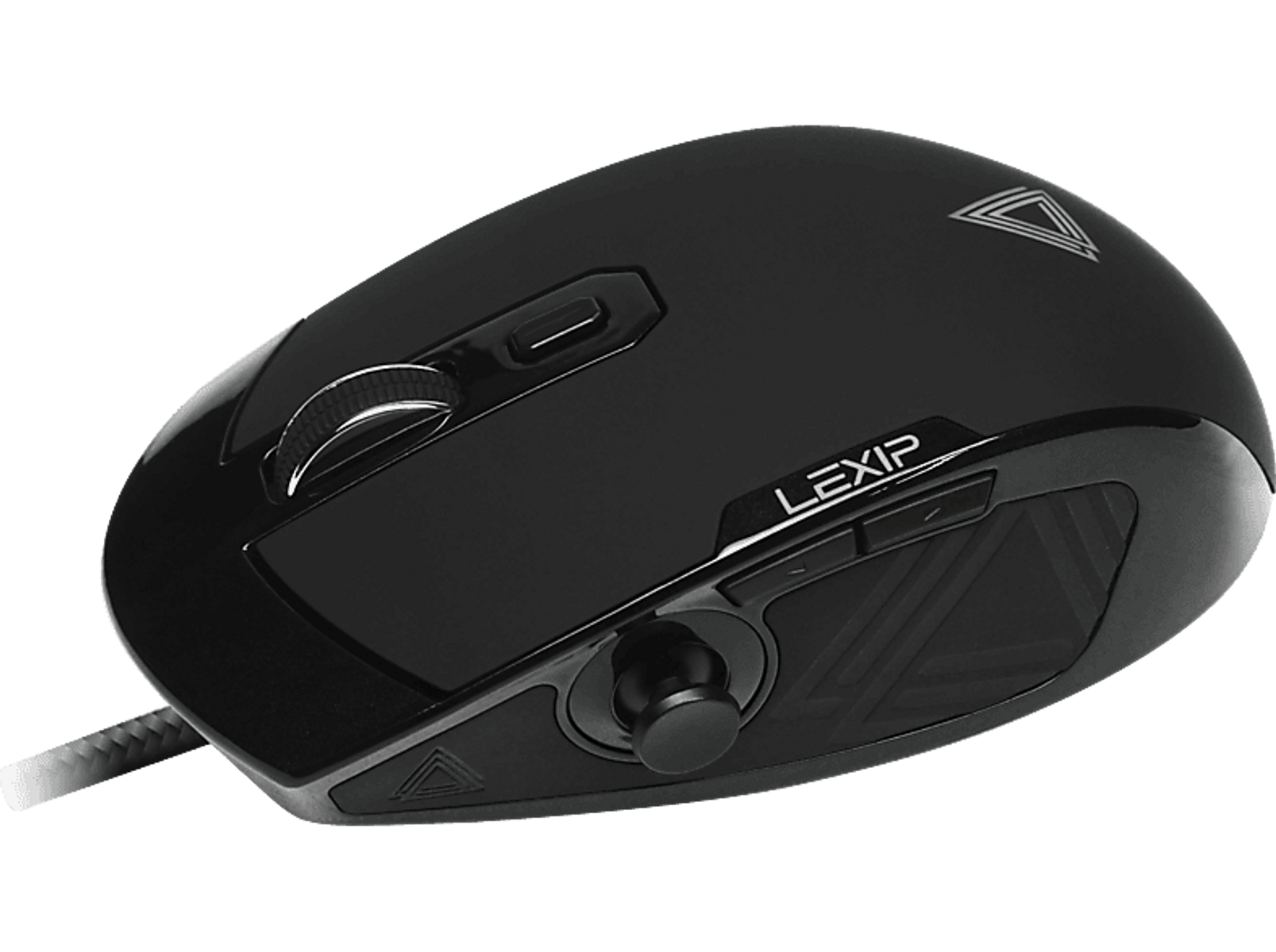 Een zwarte Lexip-muis met een scrollwiel, knoppen en een kleine joystick-achtige bediening.