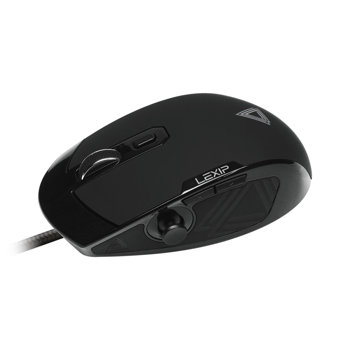 Zwarte computermuis met knoppen en een scrollwiel, schuin op een witte achtergrond.