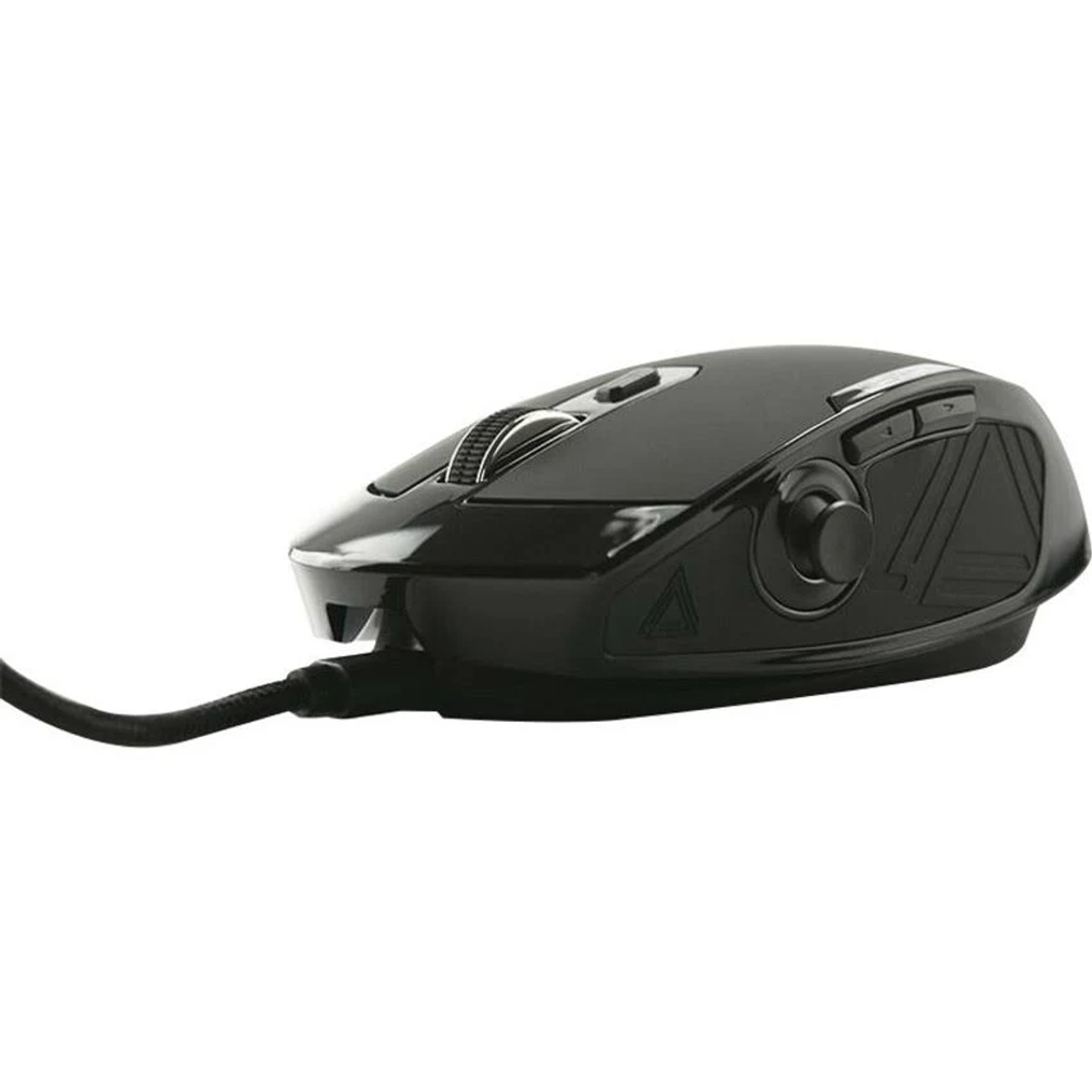 Zwarte computermuis met een snoer. Witte achtergrond.