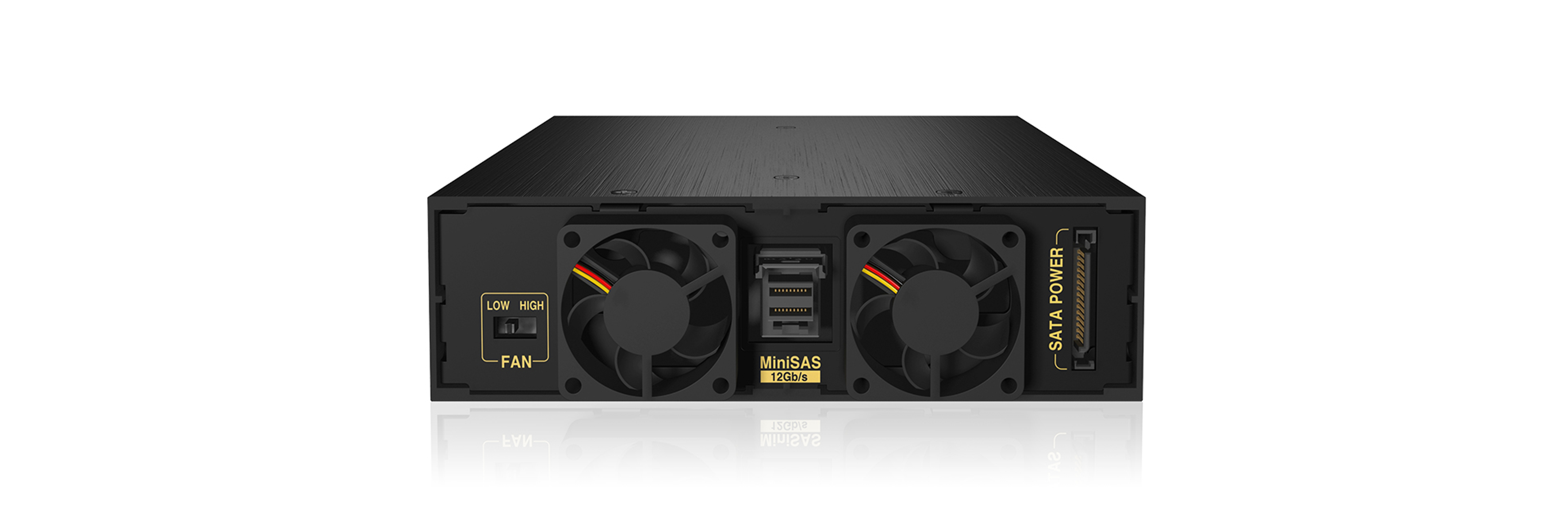 Schwarze Computerkomponente mit Lüftern und Anschlüssen auf der Rückseite.
