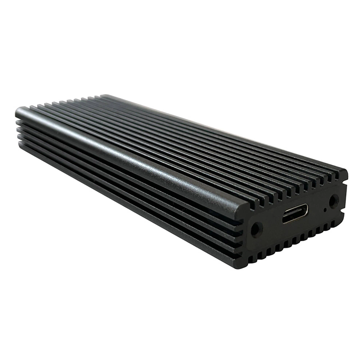 Schwarze SSD mit geripptem Design. Es hat einen USB-C-Anschluss. Weißer Hintergrund.