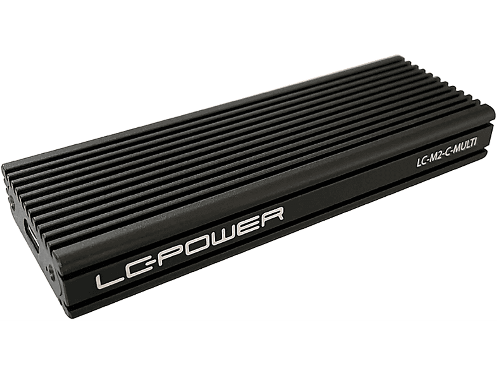 Schwarzes LC-Power-Gerät mit Kühlrippen, die Aufschrift lautet LC-M2-C-MULTI, auf weißer Oberfläche.